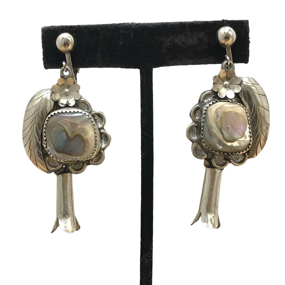 Sterling Silver Abalone Shell Squash Blossom Navajo Clip On Earrings Handcrafted